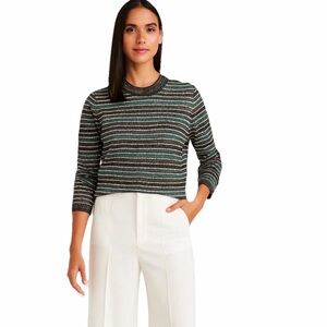 ST. JOHN Evening Striped Knit Pullover Sweater Navy Blue Green Gold - Sz M